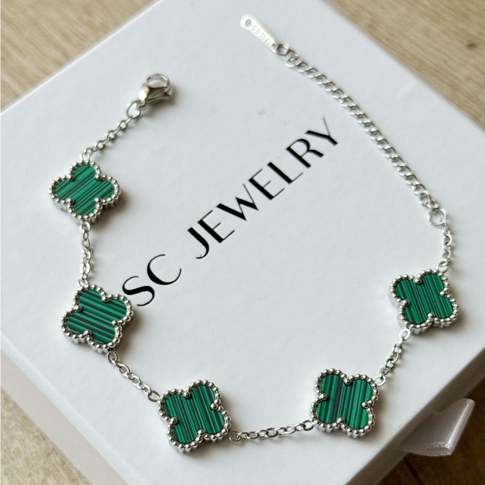 Malachite Clover Bracelet Silver Tone Double Sided